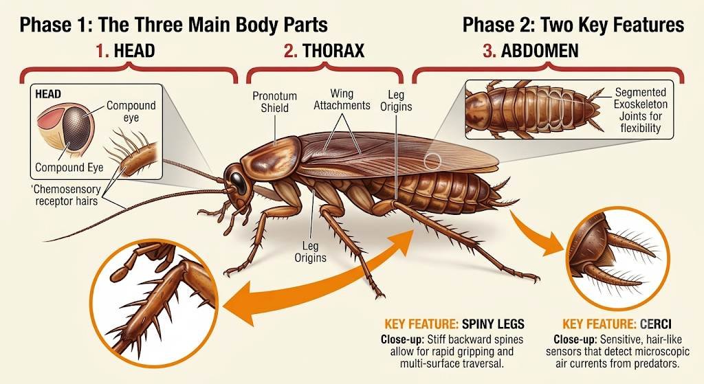 Labelled cockroach body parts — head, antennae, thorax, legs and abdomen