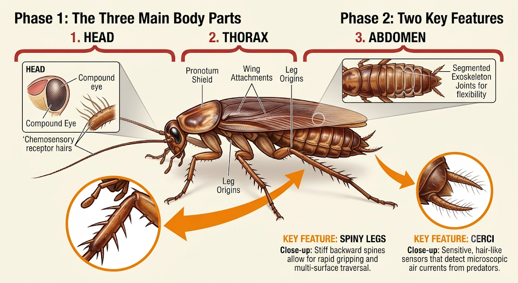 Labelled cockroach body parts — head, antennae, thorax, legs and abdomen
