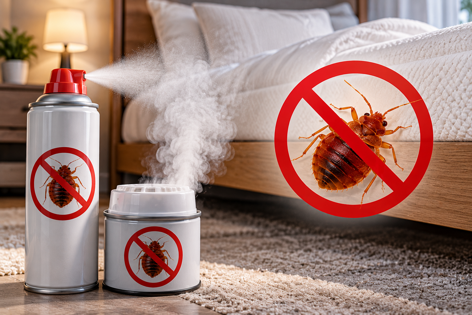 Aerosol bug bomb fogger and spray can next to a bed with a  no-entry symbol