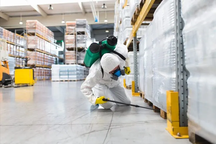 Technician treating a warehouse