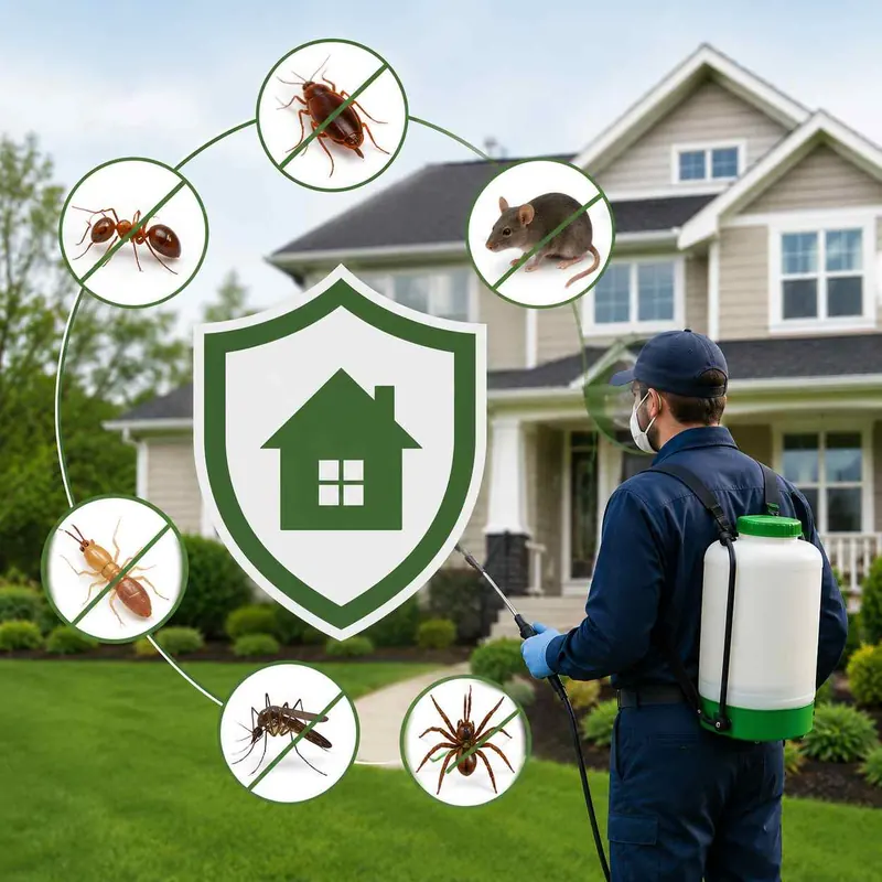 Technician treating the outside of a family home