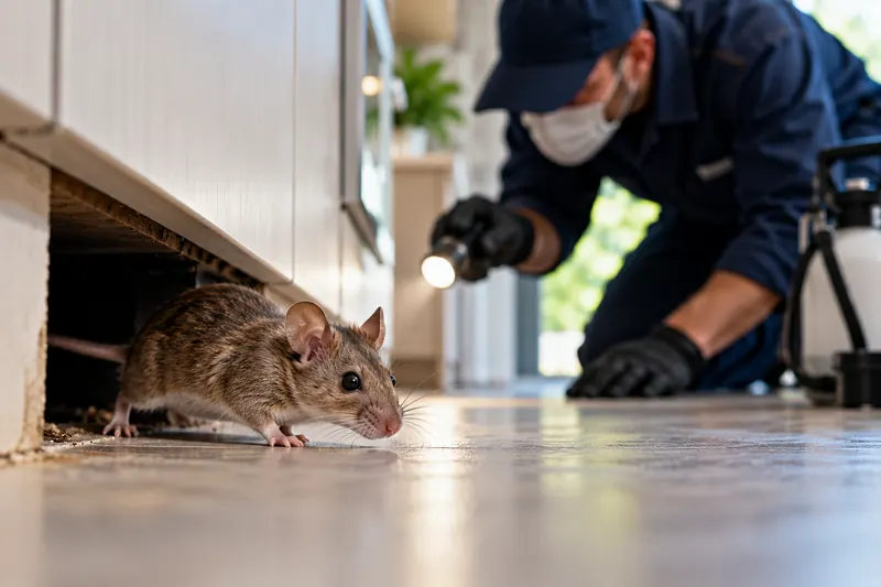 Technician inspecting a kitchen for mice
