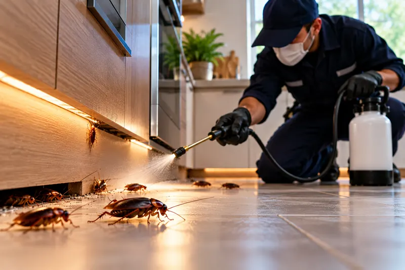Targeted cockroach treatment along a kitchen floor