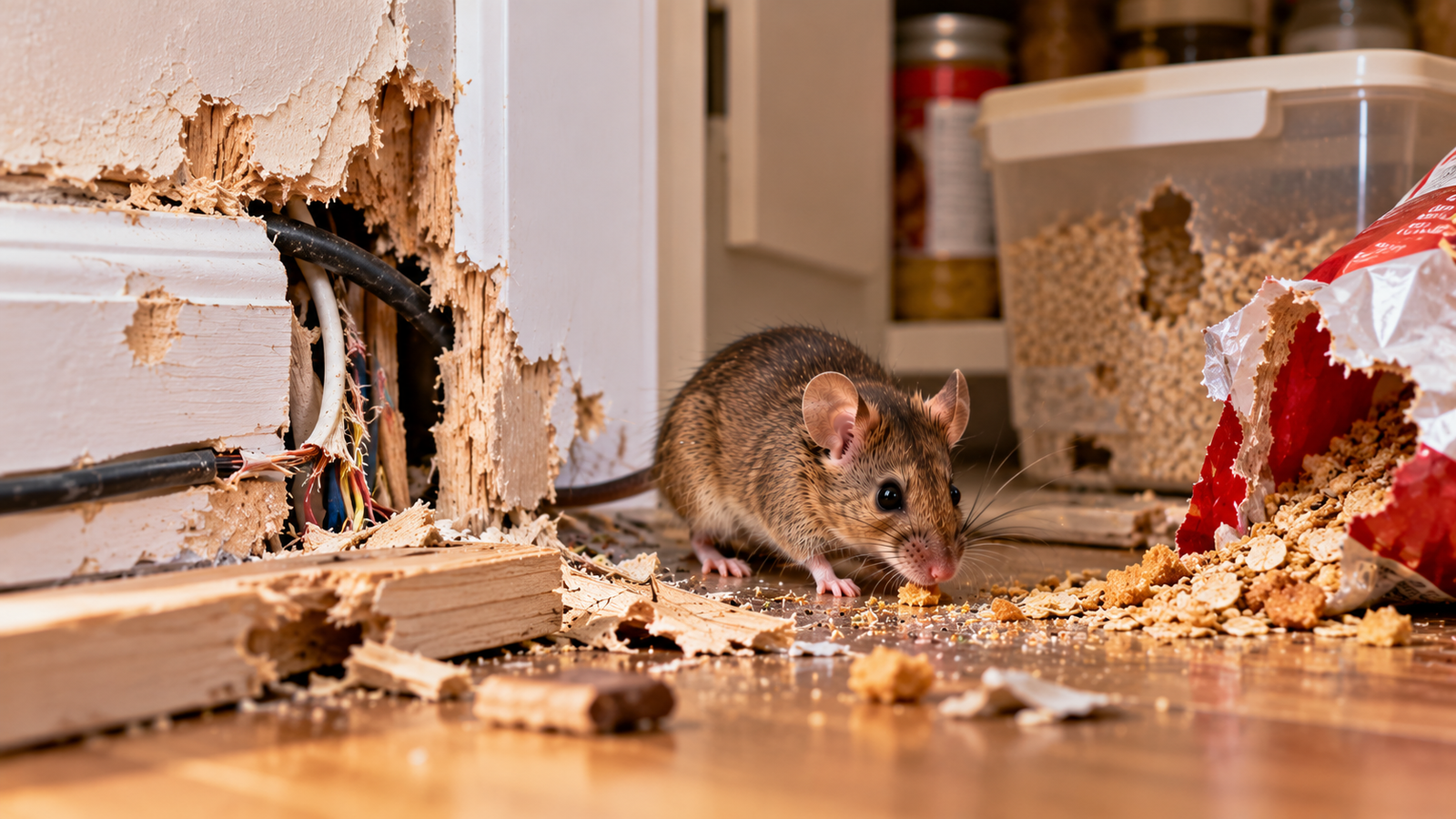 A house mouse — constant gnawing damages wiring, insulation and stored items